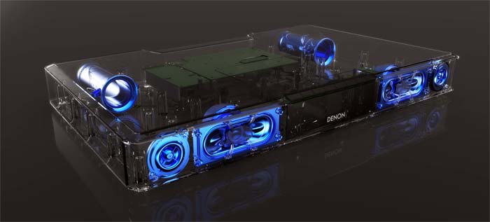 Klik for større billede Denons lydkasse kan placeres under fladskærms-tv’et