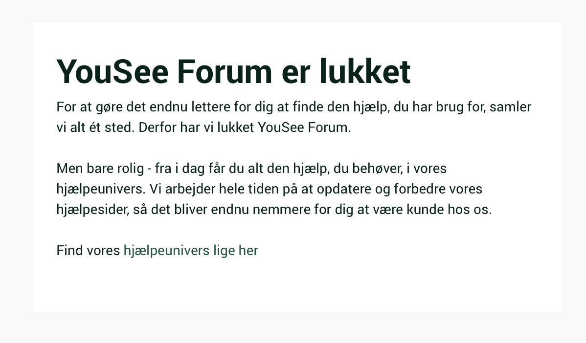 Beskeden man får når man besøger YouSee Forum