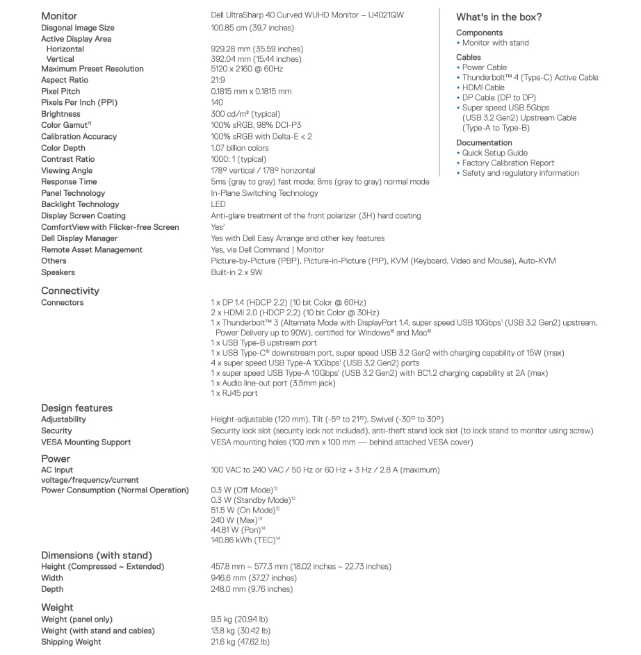 Dell U4021QW specs
