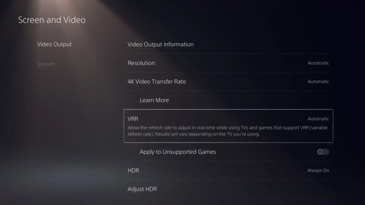 PS5 VRR menu PS5 VRR menu