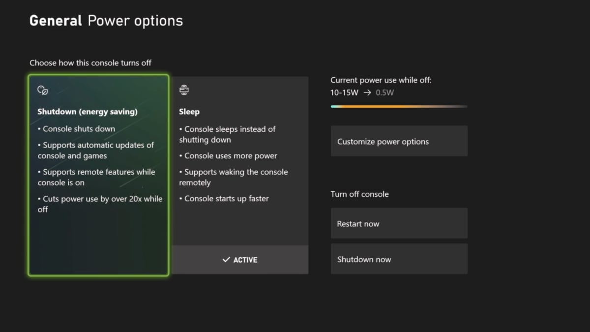 Xbox power options